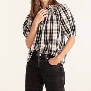 J. Crew Frida Black/Ivory Plaid Smocked Top